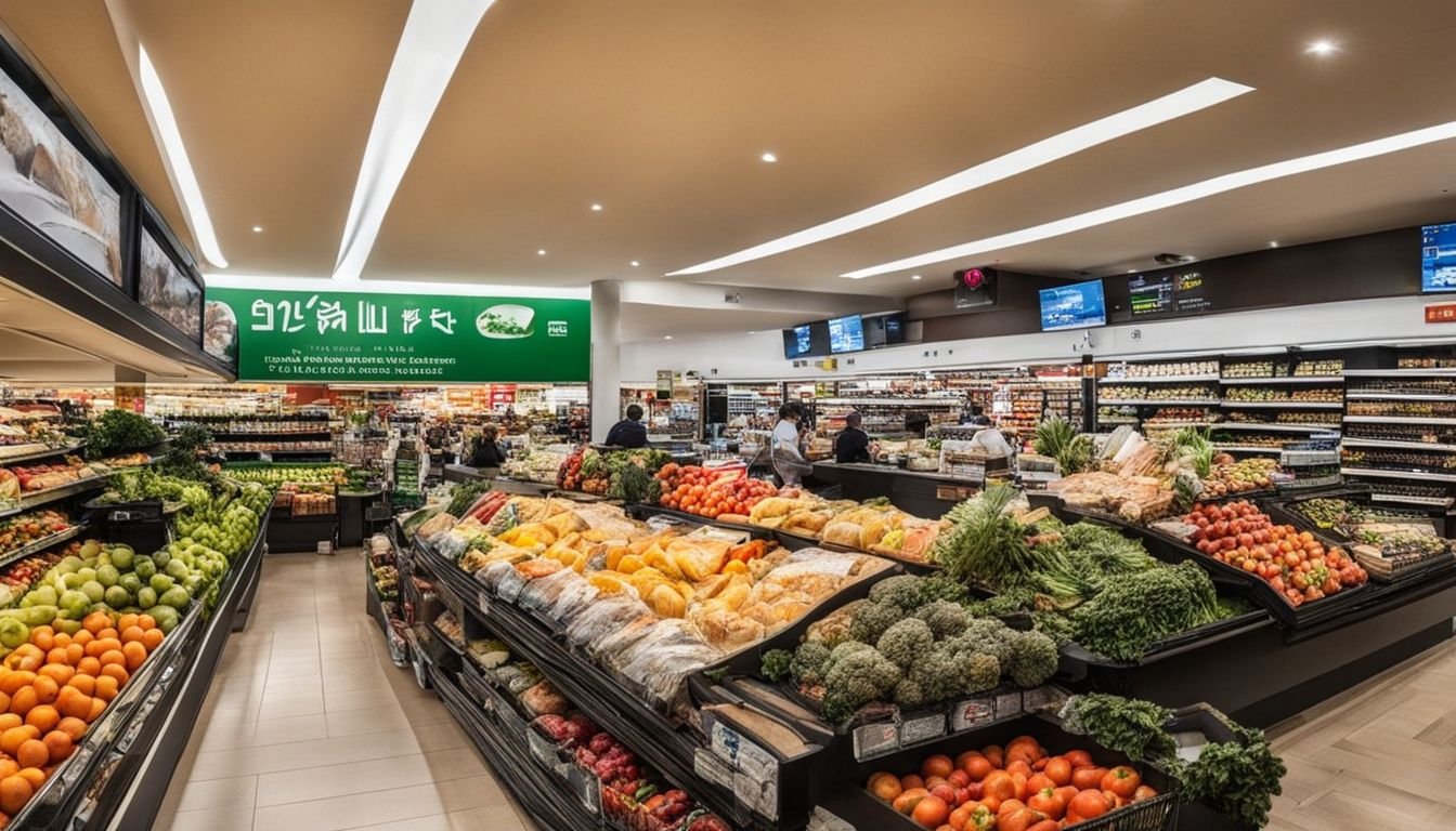 A bustling supermarket in Punta Prima with fresh produce and shoppers.