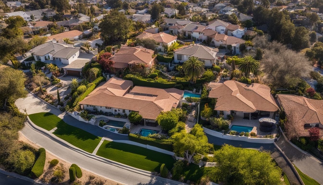 Aerial view of diverse architecture and varying home sizes in La Regia suburb, Southern California.