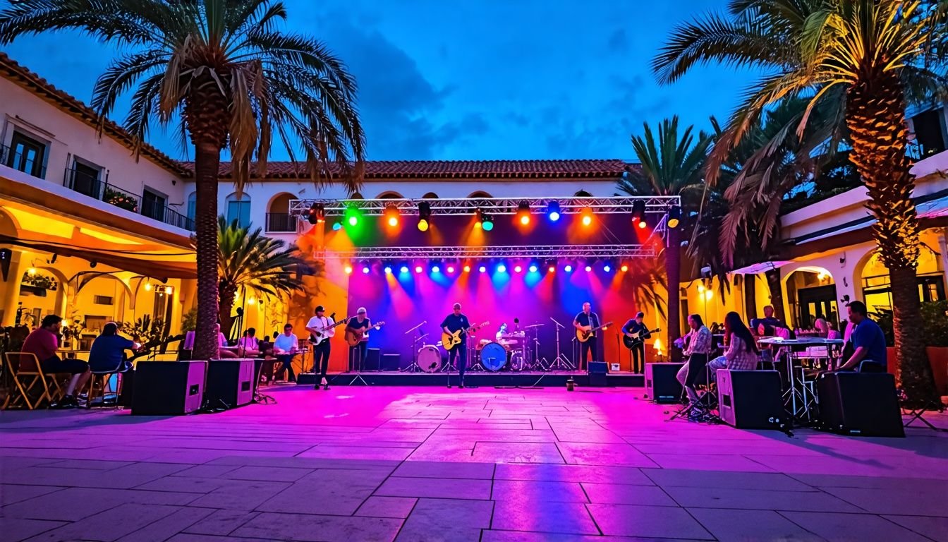 Villamartin Plaza's open-air courtyard with live music band and dancing shadows.