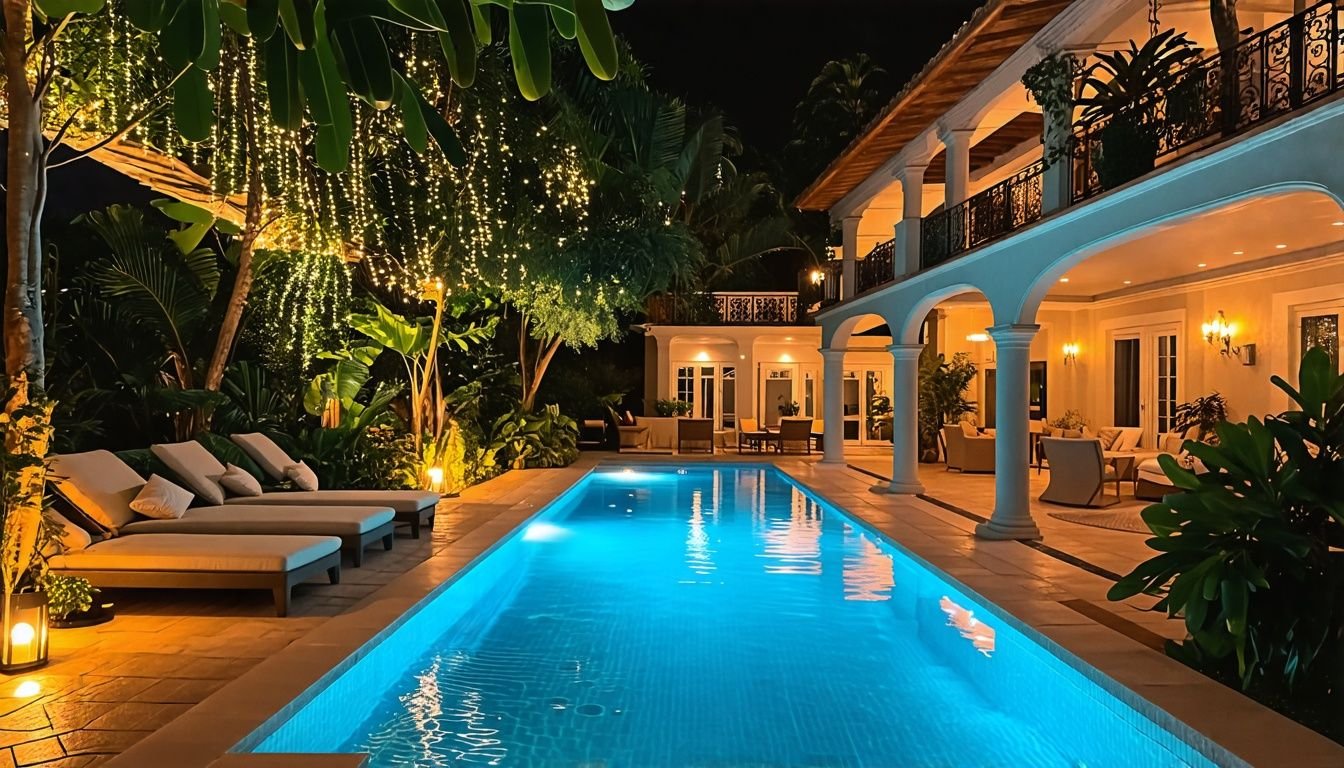 A luxurious villa with a sparkling pool, elegant rooms, and lush surroundings.