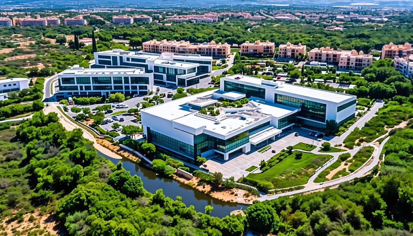 Aerial view of modern hospital buildings in Villamartin against greenery.