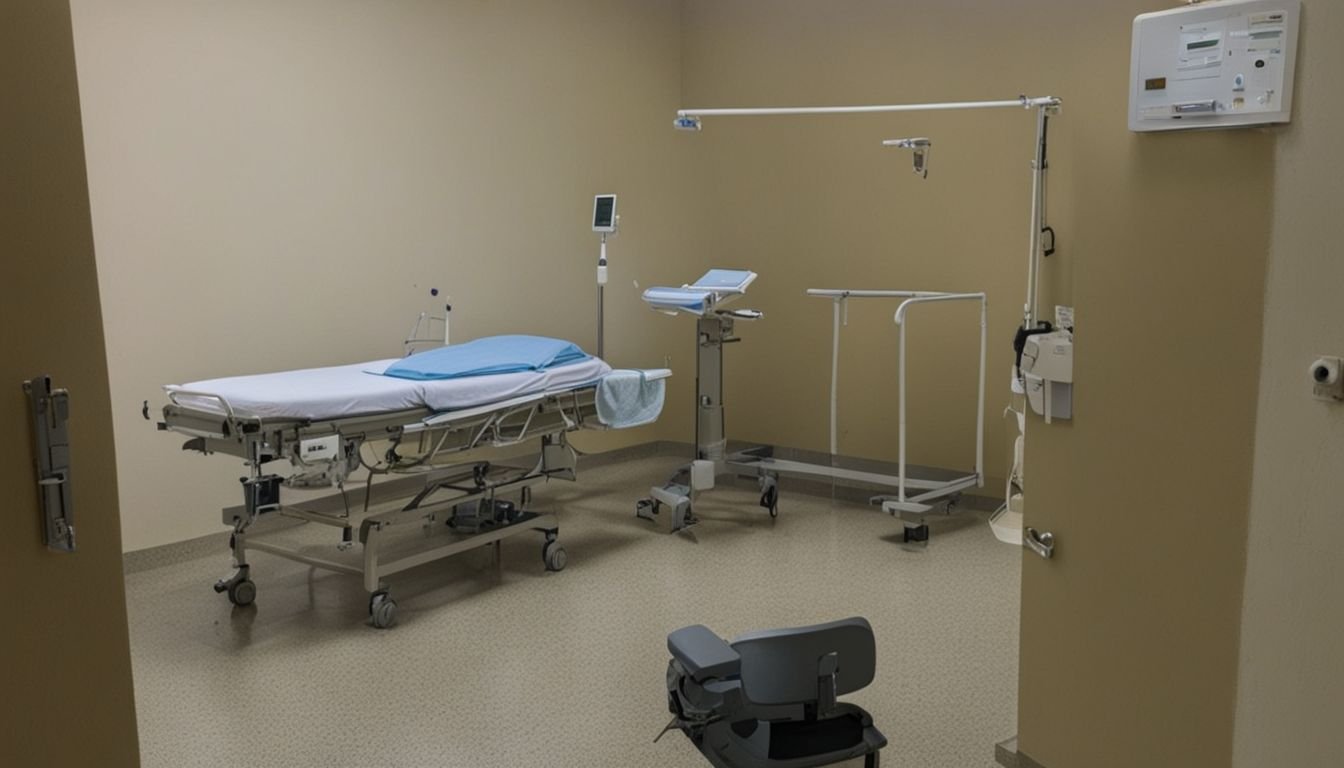 An empty hospital room in La Regia with scattered medical equipment.