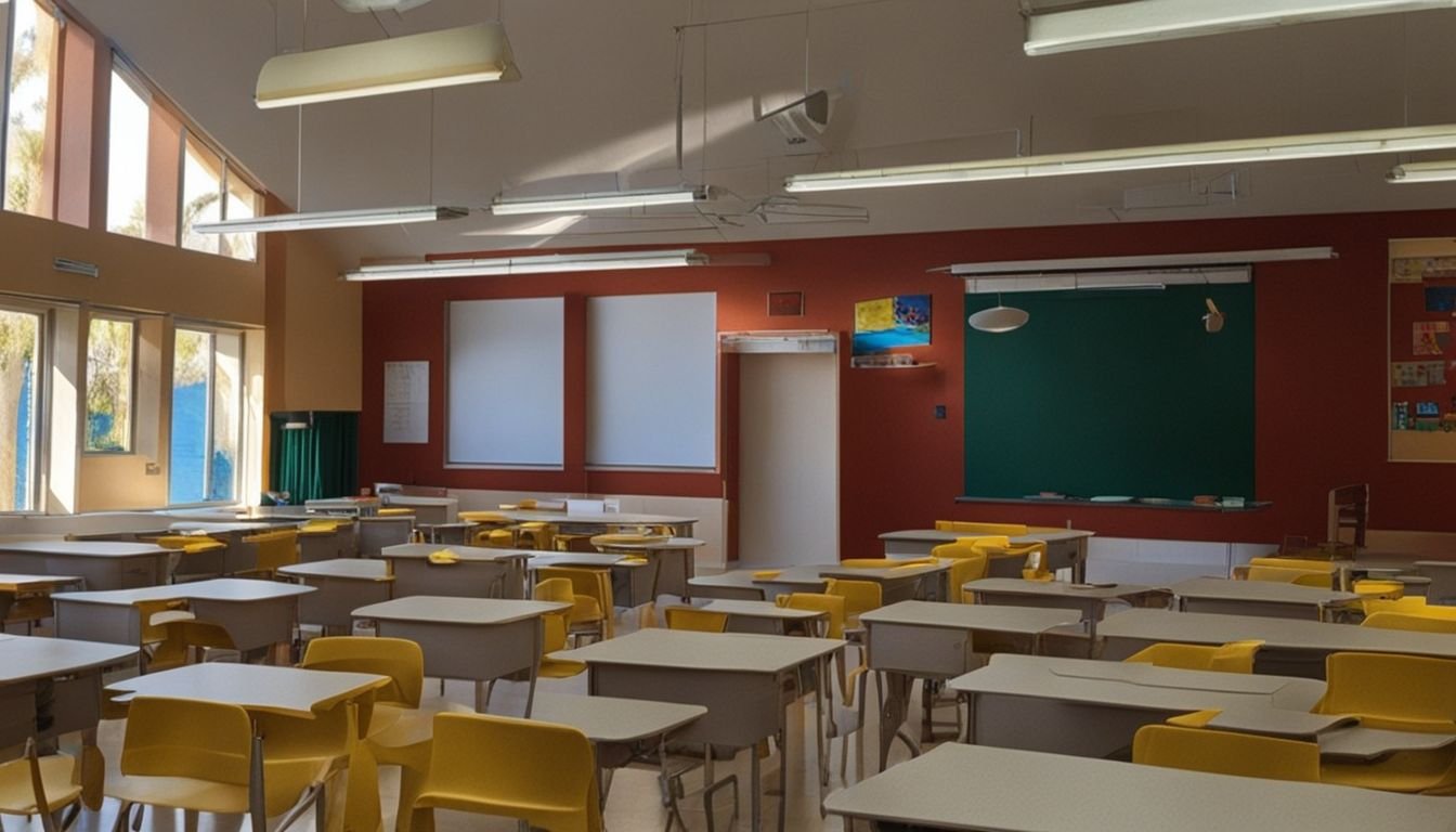 An empty classroom in an international school with colorful educational posters.