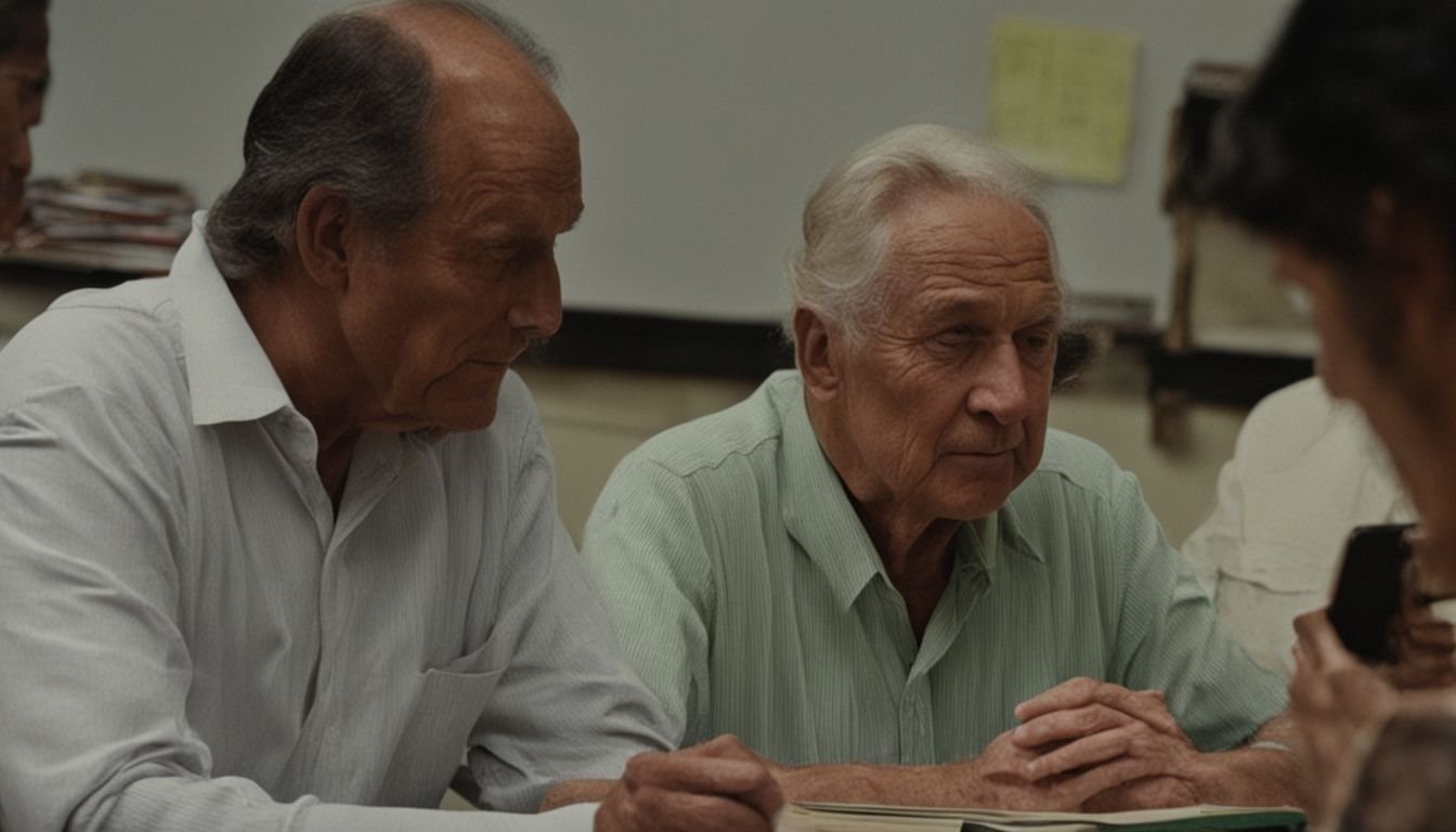 An older man is attentively listening to a language instructor.