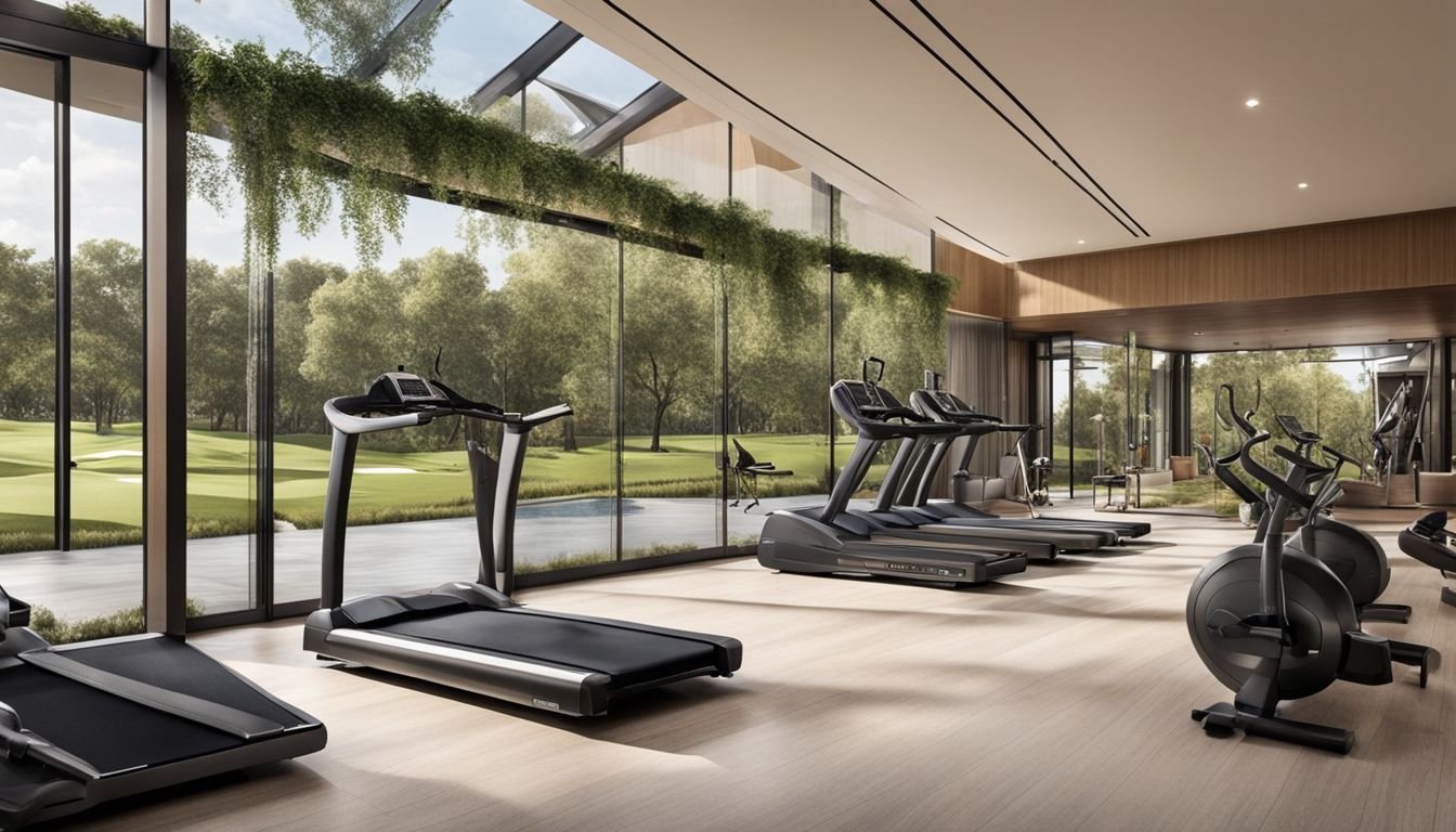 A serene view of Las Colinas Golf's new health club with state-of-the-art fitness equipment and a luxurious spa area.