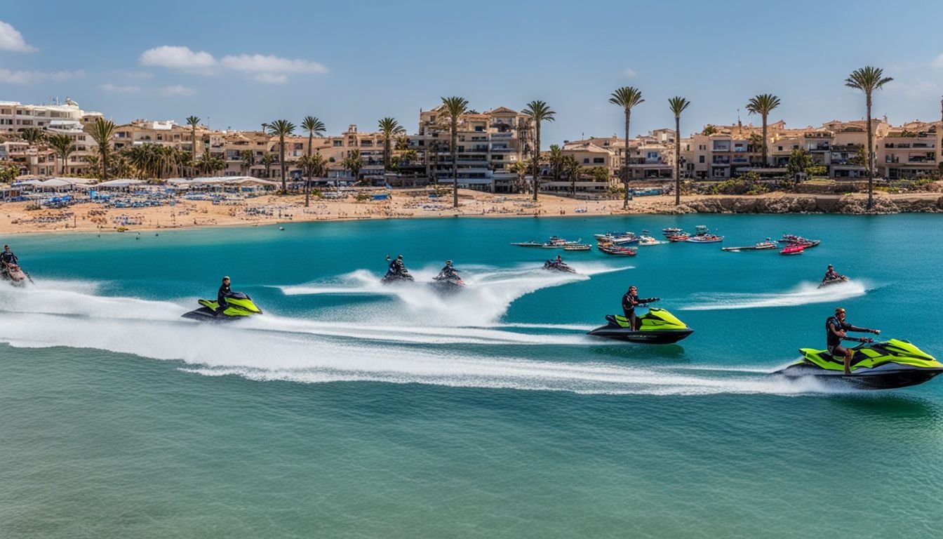 People enjoying jet ski ride and water sports at La Zenia Beach.