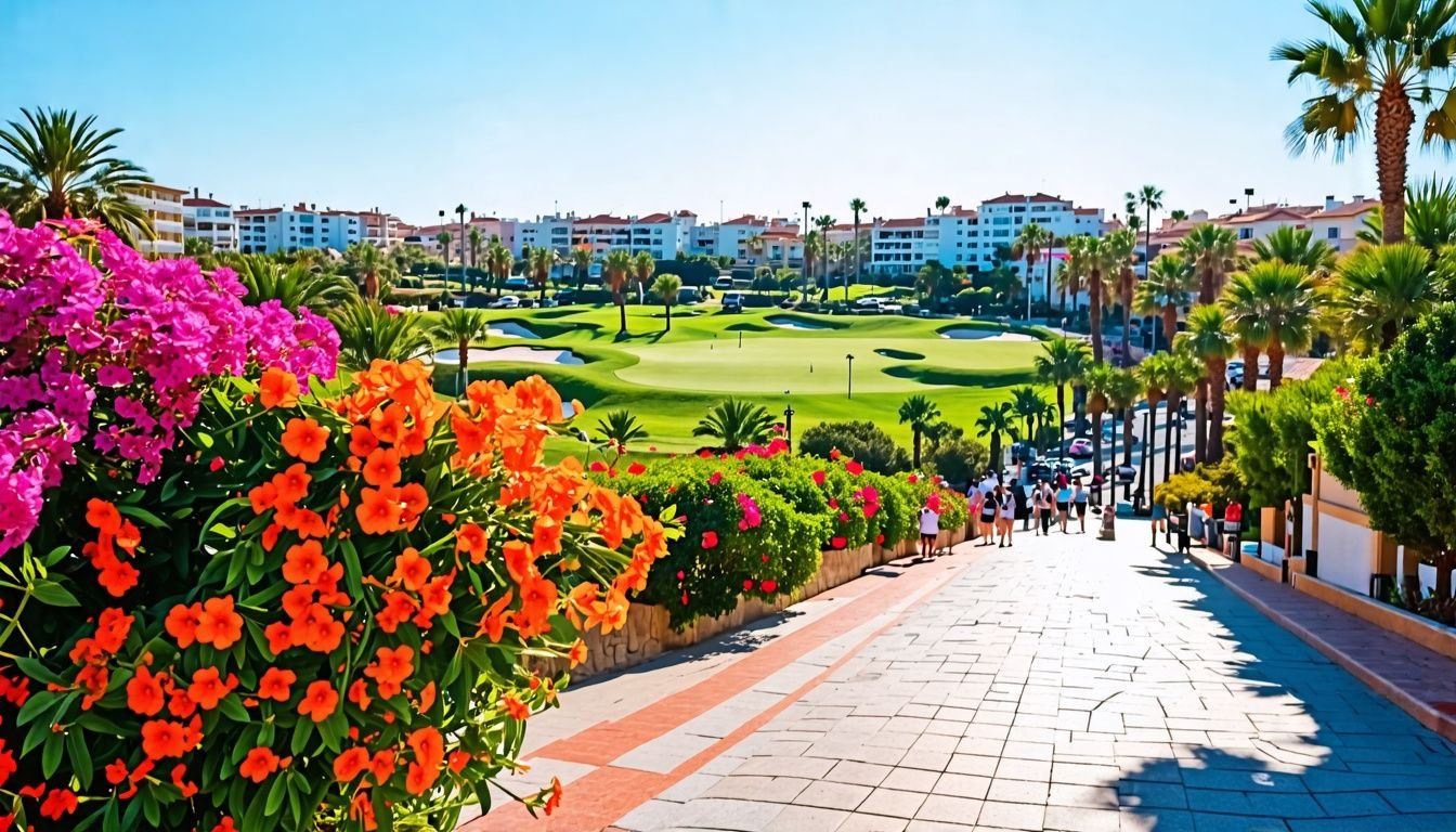 Photo of a lively Villamartin street with La Zenia Boulevard in the background.