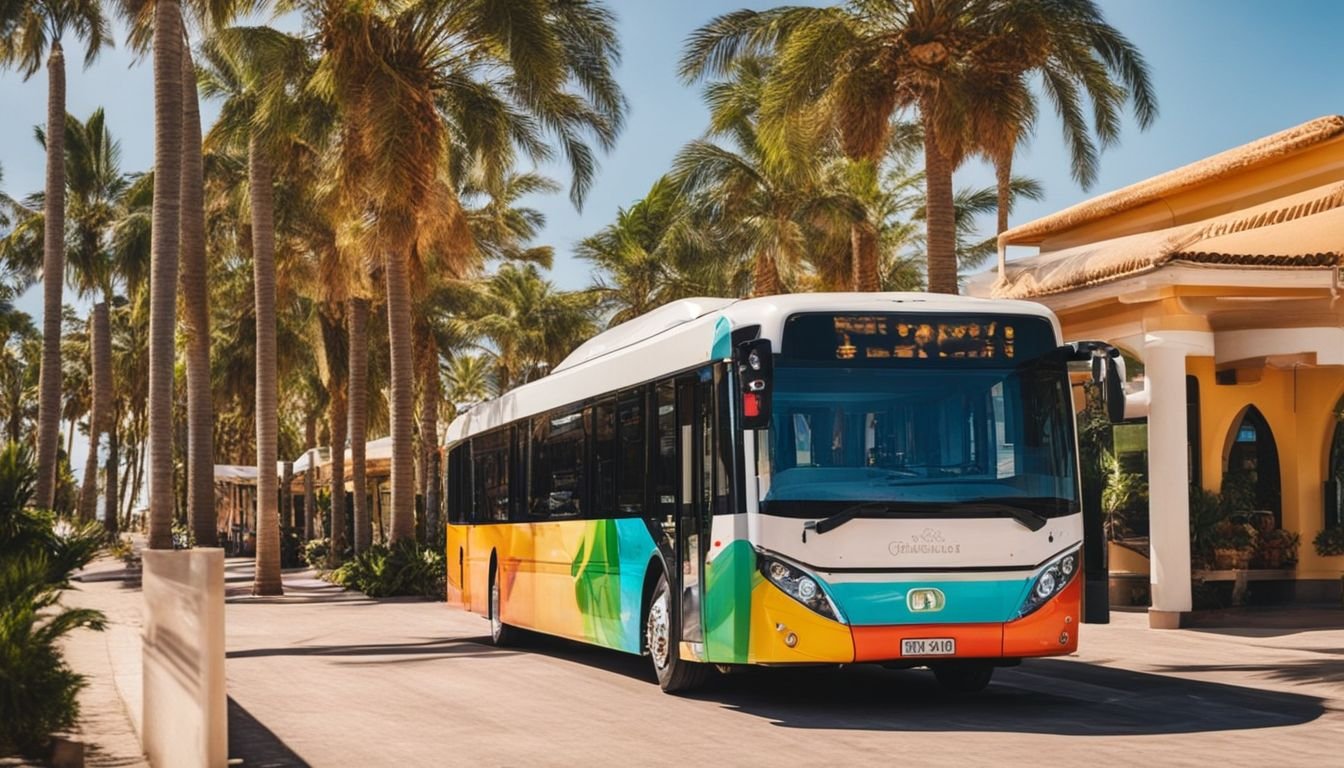 A vibrant Punta Prima bus and resort train in a coastal town.