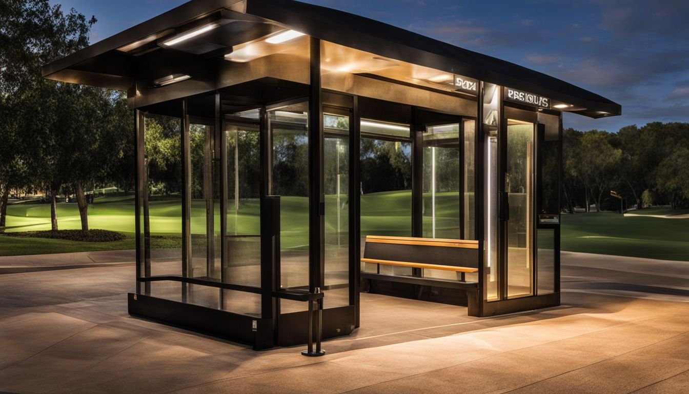 A light rail passing by a bus stop at Las Colinas Golf Resort.