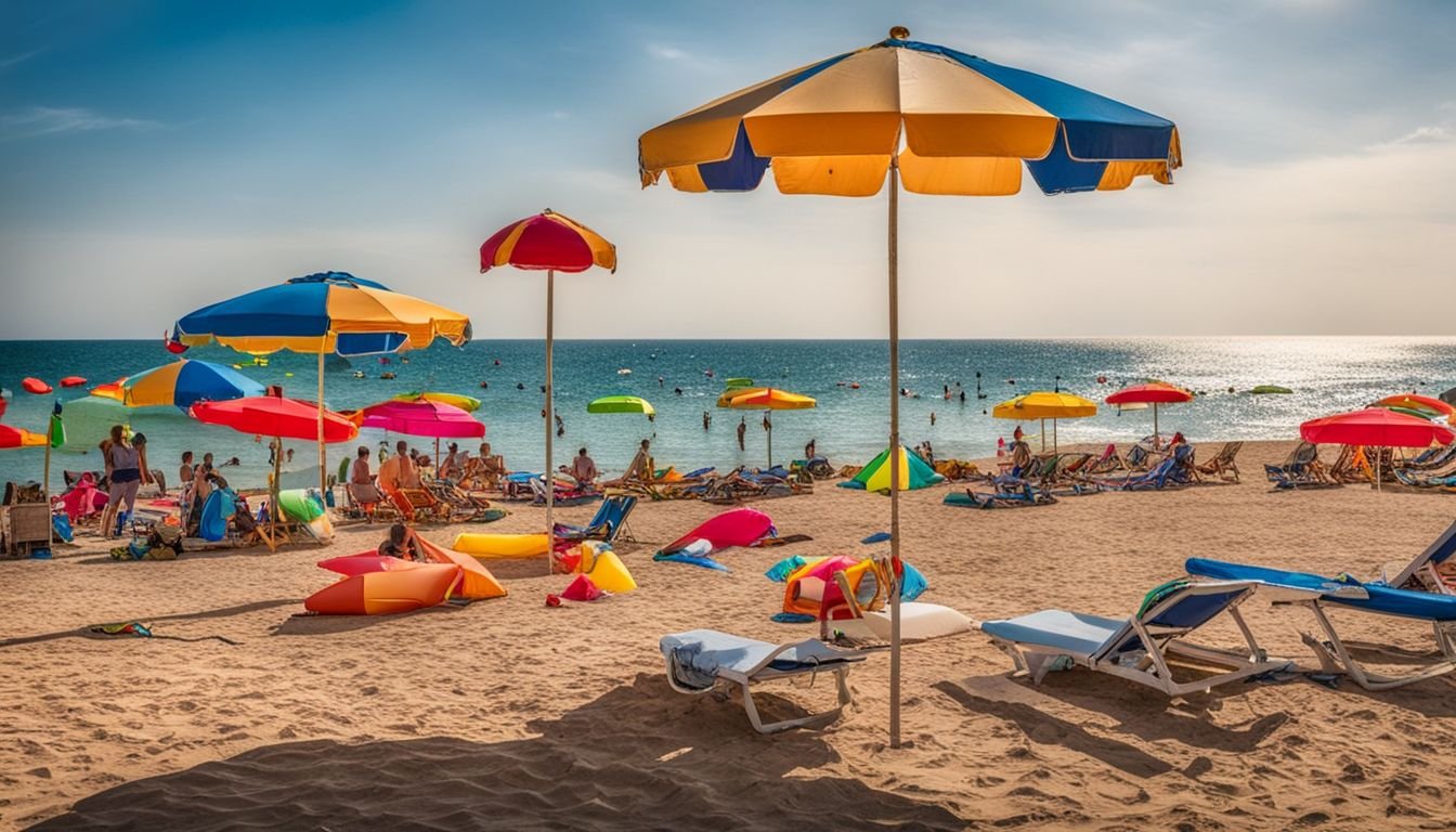 Colorful beach scene at La Zenia with vibrant umbrellas and beach toys.