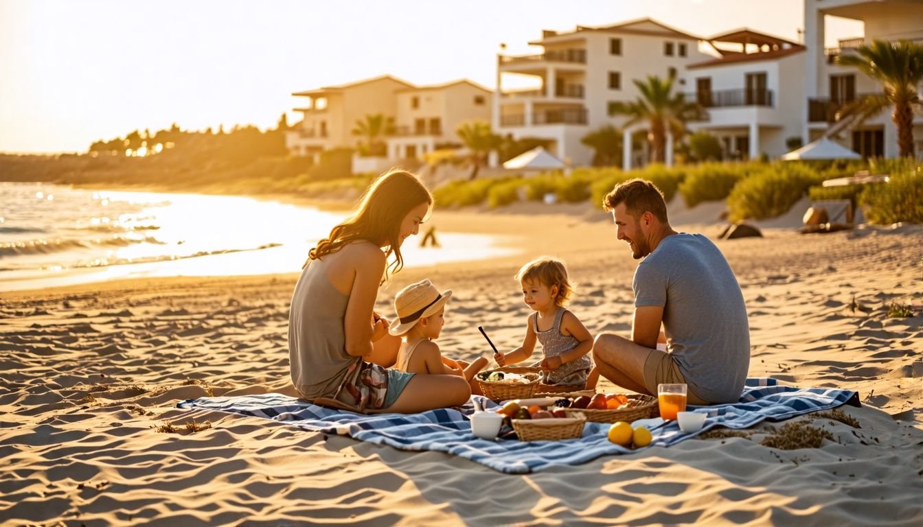 A family having a picnic on the sandy beach in Punta Prima.