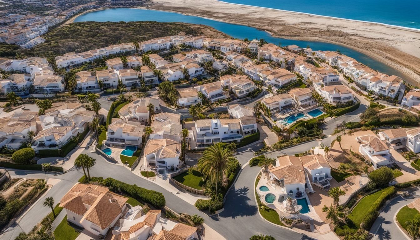 Aerial view of coastal town with traditional and modern homes for sale.