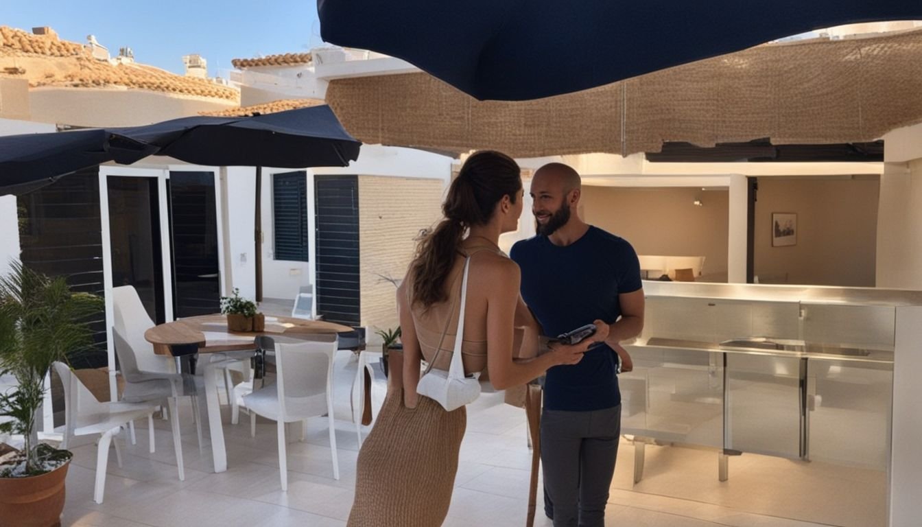 A couple in their mid-30s browsing real estate properties in La Zenia, Spain.