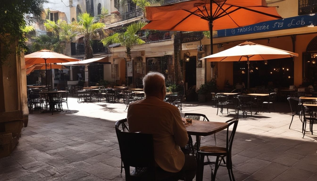 A person enjoying a late dinner at an outdoor cafe.